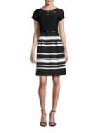 Ellen Tracy Short Sleeve Striped And Lace Fit-&-flare Dress