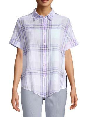 Lord & Taylor Petite Plaid Short Sleeve Button Front Blouse