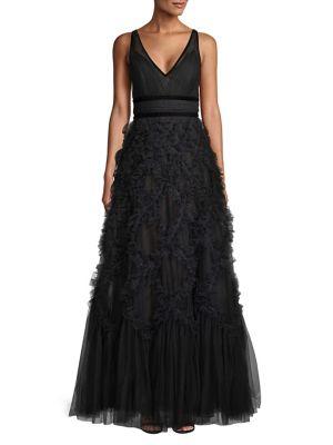 Marchesa Notte Velvet-trimmed Ruffle Gown