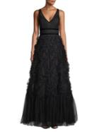Marchesa Notte Velvet-trimmed Ruffle Gown