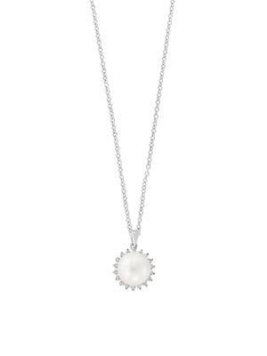 Effy 14k White Gold, 8mm White Round Pearl & Diamond Pendant Necklace