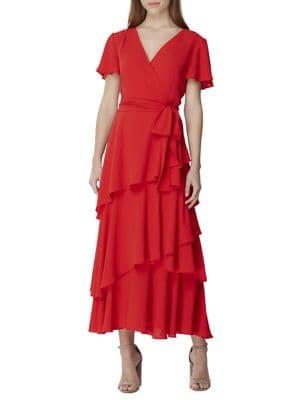 Tahari Arthur S. Levine Crepe Layered Ruffle Self-tie Dress