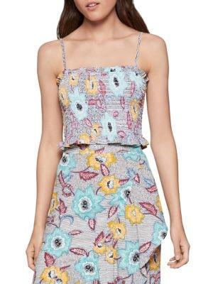 Bcbgeneration Batik Floral-print Smocked Cropped Top