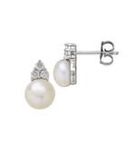 Lord & Taylor 7mm White Button Freshwater Pearl And Diamond Sterling Silver Earrings