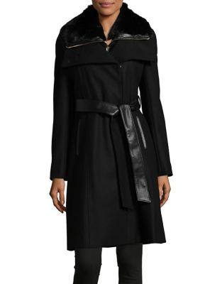 French Connection Belted Faux Fur Collar Coat