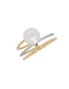Lord & Taylor Diamond And 8mm-8.5mm White Freshwater Pearl 14k Yellow Gold Ring