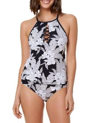 Bleu By Rod Beattie Lace-up Floral Tankini Top