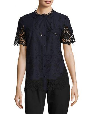 T Tahari Lola Embroidered Button-front Top