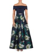 Eliza J Off-the-shoulder Floral Printed Pleated Gown