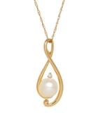 Lord & Taylor 8/8 Mm Freshwater White Button Pearl, Diamond And Yellow Gold Pendant Necklace