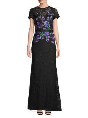 Tadashi Shoji Embroidered Floral Lace Short-sleeve Gown