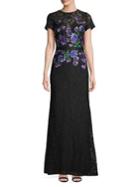 Tadashi Shoji Embroidered Floral Lace Short-sleeve Gown