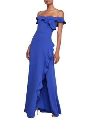 Bcbgmaxazria Off-the-shoulder Asymmetric Ruffle Gown