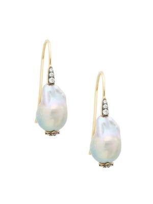Nadri Goldtone, 12.7mm Freshwater Pearl & White Topaz Earrings