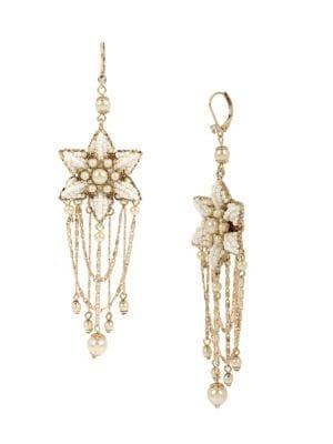 Miriam Haskell Floral Goldtone, Round White Faux Pearl And Crystal Chandelier Earrings