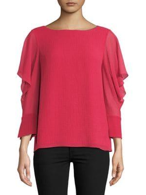 H Halston Flounce Sleeve Top With Split Cuff Detail