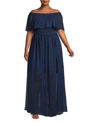 Betsy & Adam Plus Off-the-shoulder Rufffle Layered Maxi Dress
