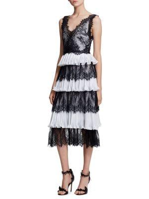 Marchesa Notte Lace Ruffle Dress