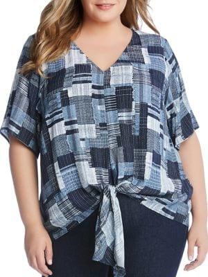 Karen Kane Plus Plus Patchwork-print Tie-front Top