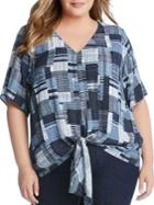 Karen Kane Plus Plus Patchwork-print Tie-front Top