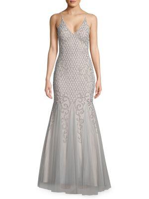 Xscape Deep V-neck Beaded Gown