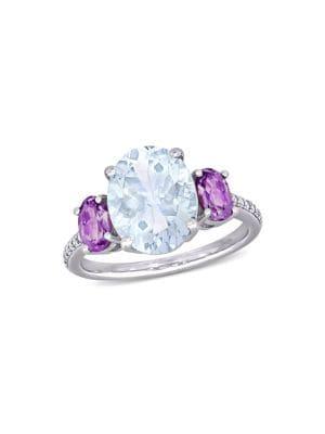 Sonatina Sterling Silver, Ice Aquamarine, Amethyst And Diamond 3-stone Ring