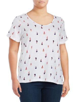 Lord & Taylor Plus Printed Cotton Slub V-neck Roll Sleeve Tee