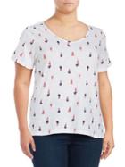 Lord & Taylor Plus Printed Cotton Slub V-neck Roll Sleeve Tee