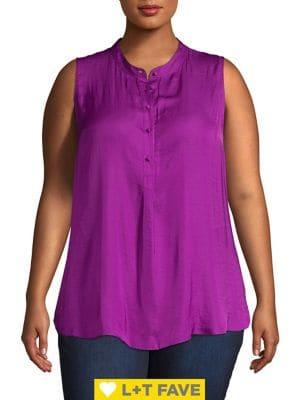 Vince Camuto Plus Mystic Bloom Half Button Rumple Tank