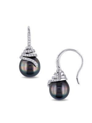 Sonatina Tahitian Cultured Pearl, 0.3 Tcw Diamond & 14k White Gold Spiral Drop Earrings