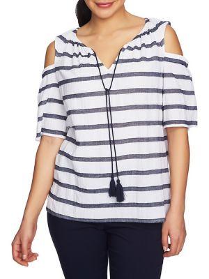 Chaus Striped Cotton Gauze Cold-shoulder Top