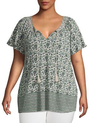 Lucky Brand Plus Printed Smocked Tie Top