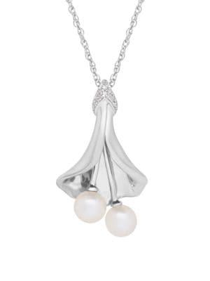 Lord & Taylor Sterling Silver, Diamond, & 6-6.5mm Freshwater Pearl Floral Pendant Necklace