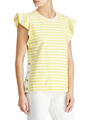 Lauren Ralph Lauren Striped Cotton Flutter-sleeve Tee