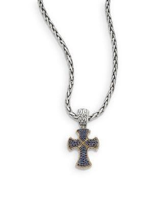 Effy Ceylon Sapphire, Sterling Silver & 18k Yellow Gold Cross Necklace