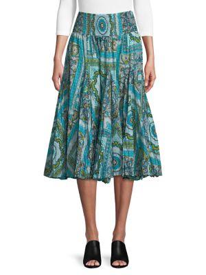 Context Pleated Paisley Border Midi Skirt
