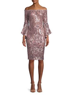 Betsy & Adam Sequin Bell-sleeve Knee-length Dress