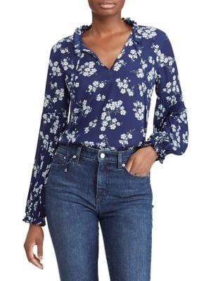 Lauren Ralph Lauren Petite Floral-print Tie-neck Georgette Top