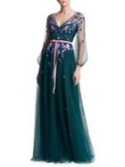 Marchesa Notte Embroidered Floral A-line Gown