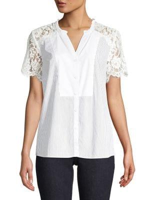Karl Lagerfeld Paris Lace Striped Poplin Top