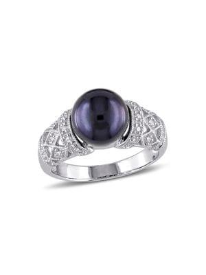 Sonatina Sterling Silver And 9-9.5mm Black Freshwater Pearl And Diamond Filigree Ring