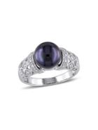 Sonatina Sterling Silver And 9-9.5mm Black Freshwater Pearl And Diamond Filigree Ring