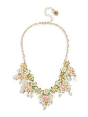 Betsey Johnson Goldtone Mixed Flowers And Crystal Cluster Necklace