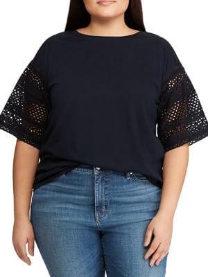 Lauren Ralph Lauren Plus Plus Eyelet-sleeve Cotton-blend Top