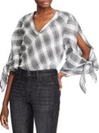 Lauren Ralph Lauren Plaid Tie-sleeve Crinkled Cotton Top