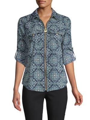 Michael Michael Kors Petite Geometric-print Zip-front Top