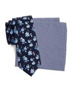 Tallia Floral Tie And Gingham Pocket Square Set