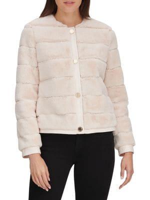 Karl Lagerfeld Paris Grooved Faux Fur Snap Front Bomber Jacket