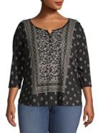 Lucky Brand Plus Three-quarter Sleeve Scarf-print Blouse