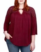 Lucky Brand Plus Beet Lace Mix Peasant Top